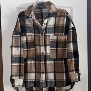 SHEIN Checkered Shirt Jacket in Black, Brown, and Cream